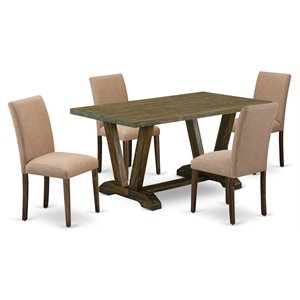 Pemberly Row 5-Pc Wood Dining Table Set with Linen Seats in Brown