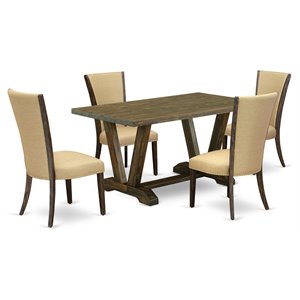 Pemberly Row 5-Pc Distressed Jacobean Wood Dining Set with Linen Chairs