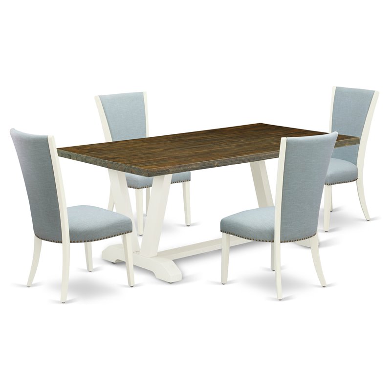 Pemberly Row 5-Piece Wood Dining Set Baby Blue Fabric and Jacobean Top