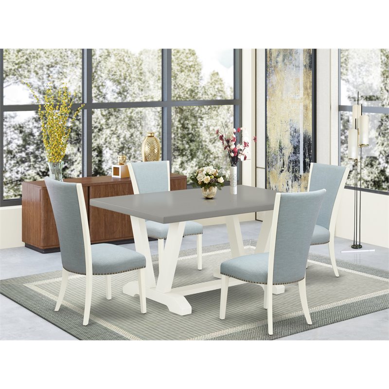 Pemberly Row 5-Piece Wood Dining Set with Cement Top and Baby Blue Seats