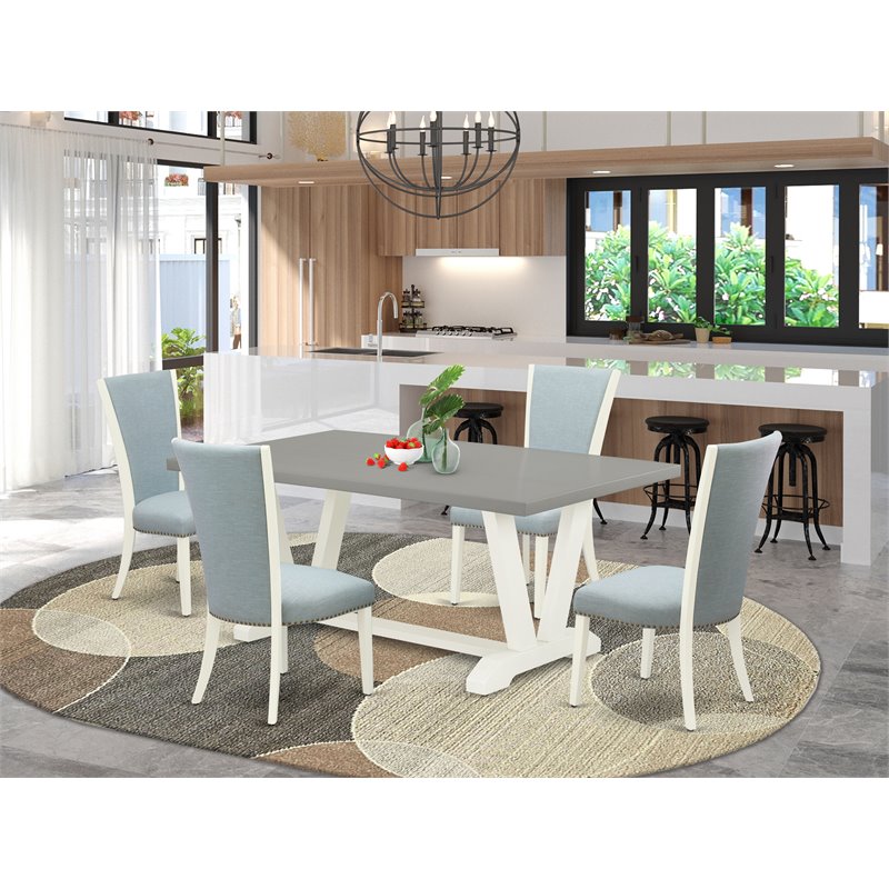 Pemberly Row 5-Piece Wood Dining Set Cement Top & Baby Blue Upholstery