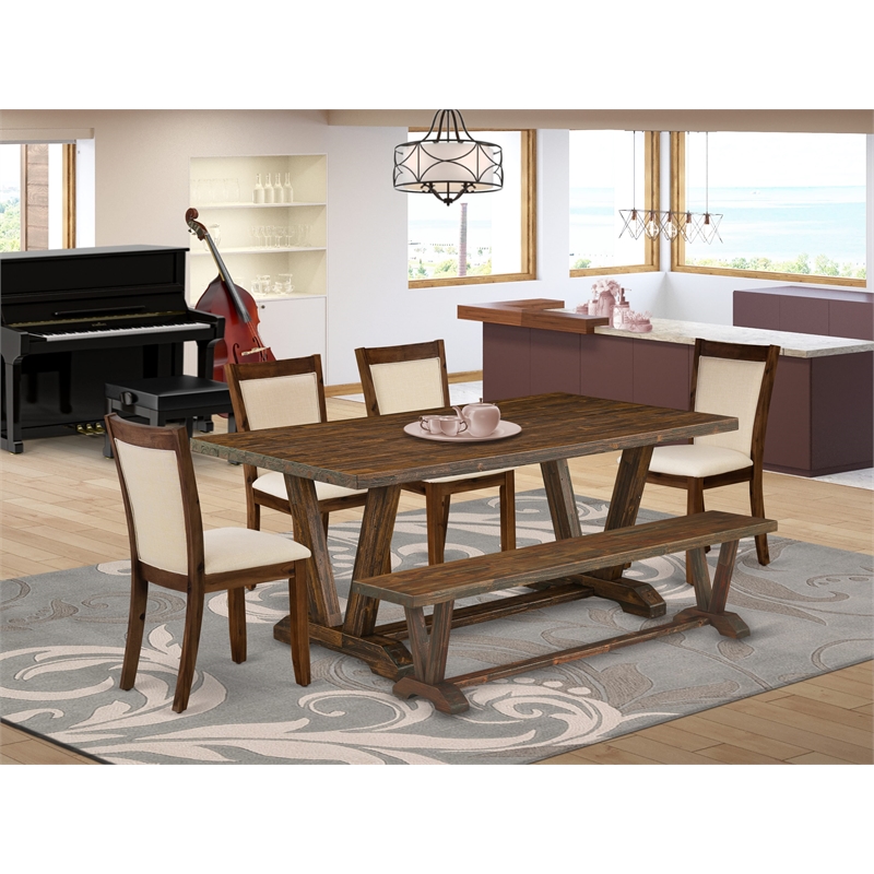 Pemberly Row 6-Piece Dining Set in Distressed Jacobean/Linen Fabric Beige