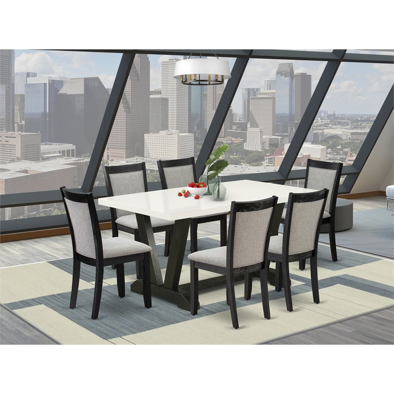 Pemberly Row 7-Piece Rubber Wood Dining Set with Linen Fabric Chairs