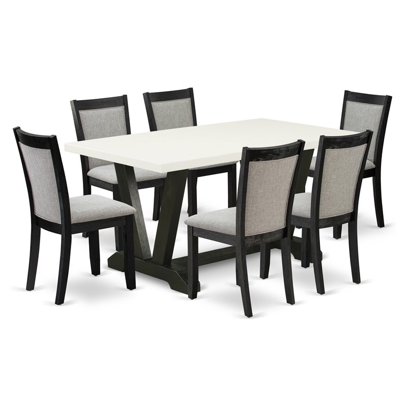 Pemberly Row 7-Piece Rubber Wood Dining Set with Linen Fabric Chairs