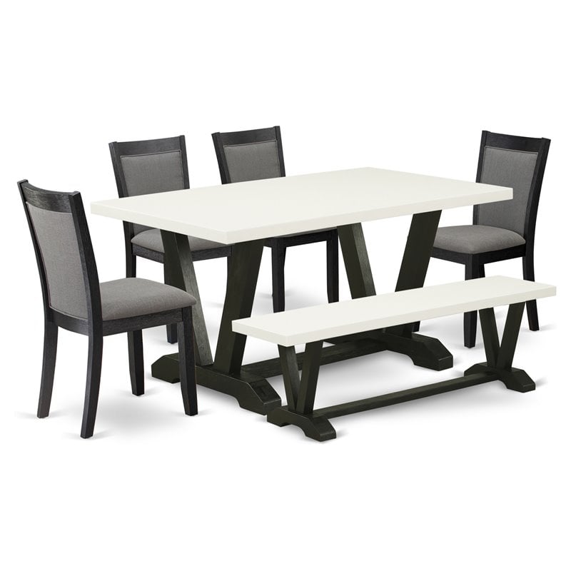 Pemberly Row 6-Piece Wood Dining Set with Bench in White and Gray