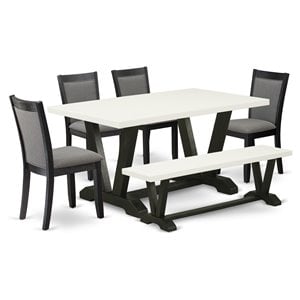 Pemberly Row 6-Piece Wood Dining Set with Bench in White and Gray