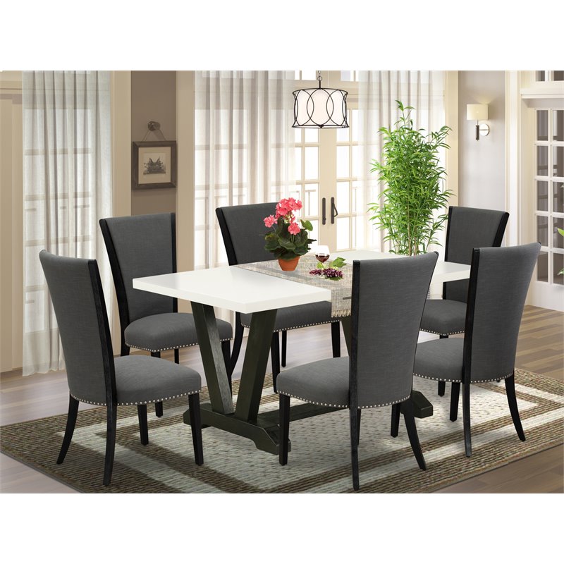 Pemberly Row 7-Piece Wooden Dining Set in Linen White and Dark Gray