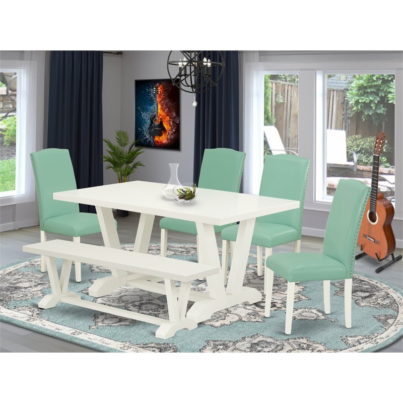 Pemberly Row 6-Piece Dining Set with White Table and Green Bench