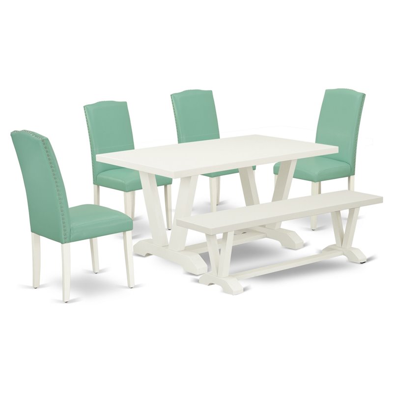 Pemberly Row 6-Piece Dining Set with White Table and Green Bench