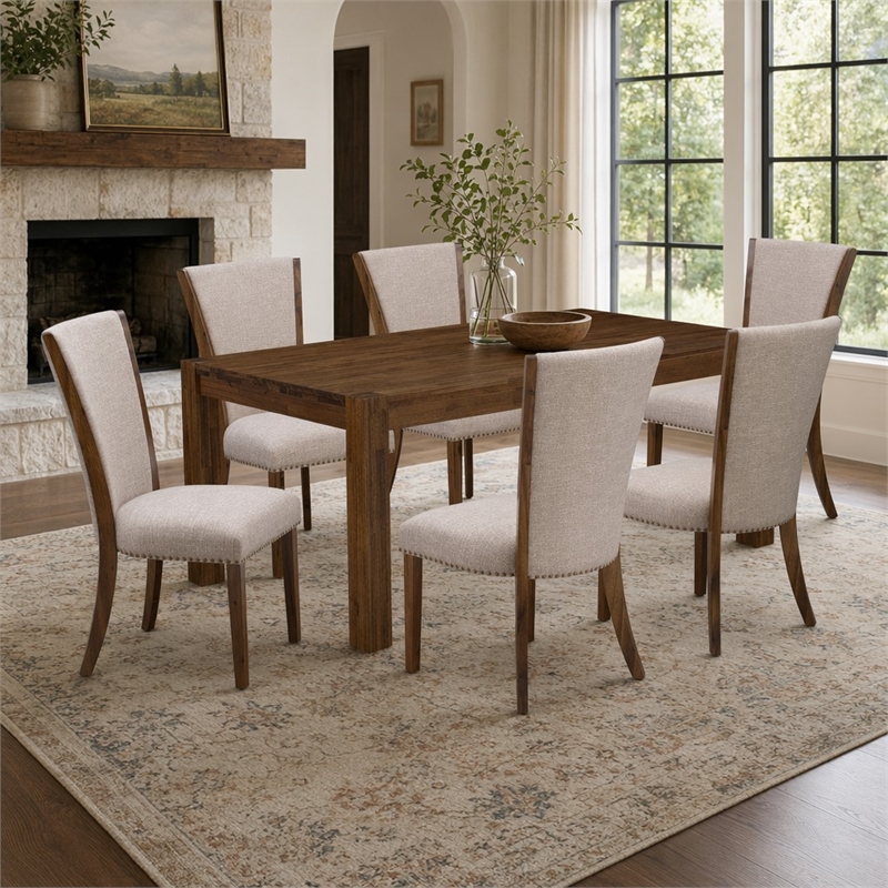 Pemberly Row 7-Piece Wood Dining Set in Antique Walnut/Light Tan