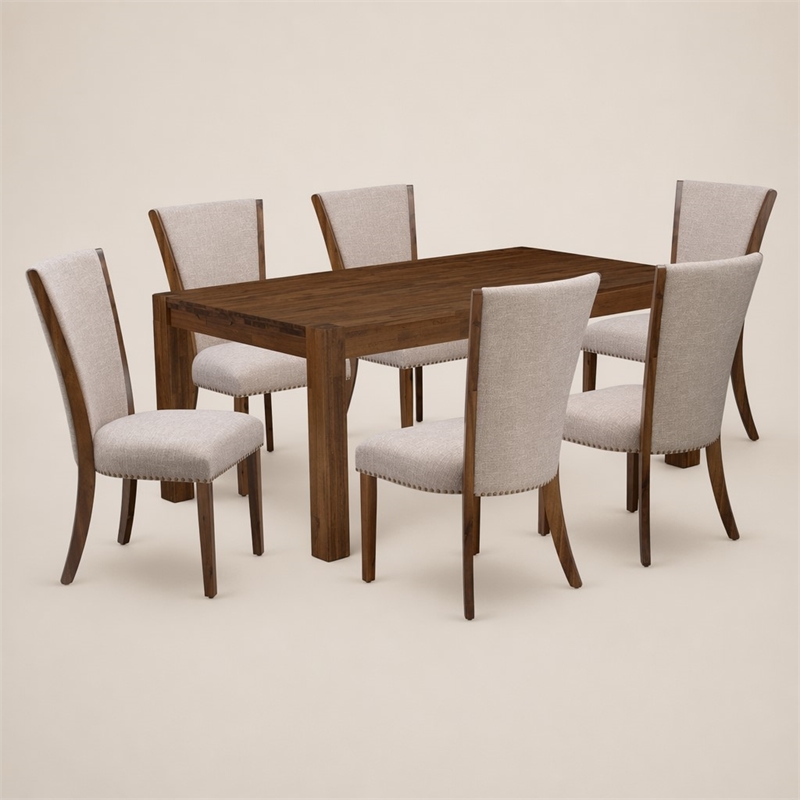 Pemberly Row 7-Piece Wood Dining Set in Antique Walnut/Light Tan