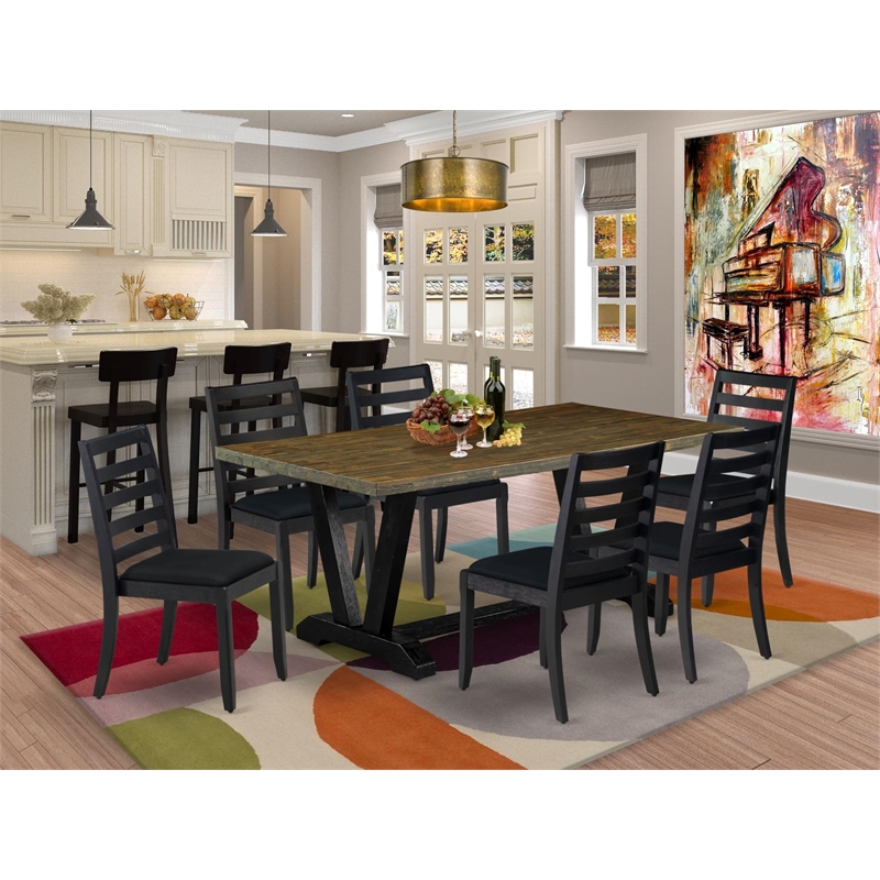 Pemberly Row 7-Piece Dining Set in Distressed Jacobean and Black Linen