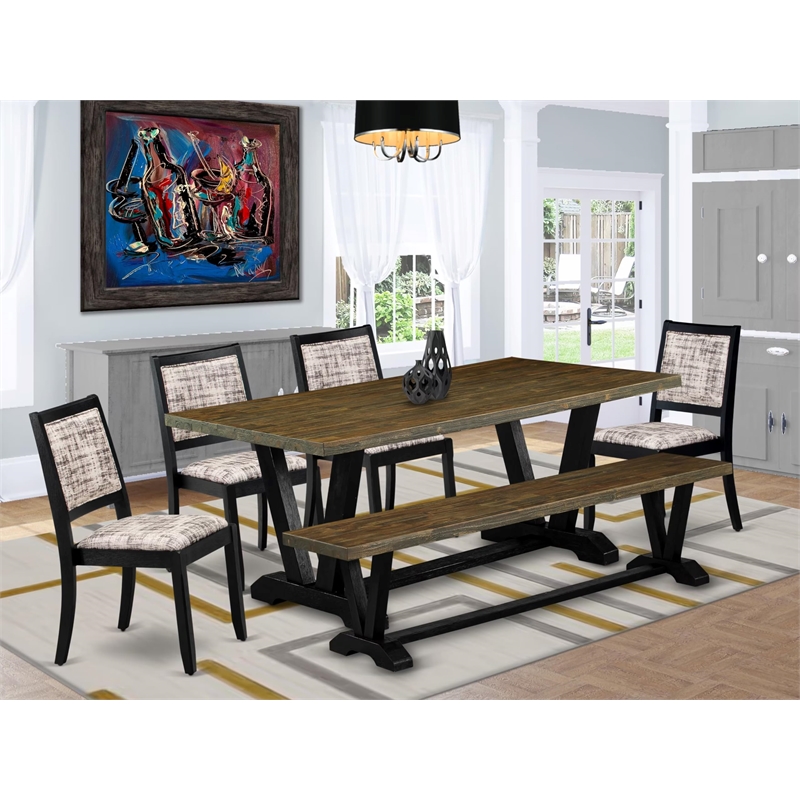 Pemberly Row 6-Pc Wood Dining Table Set in Distressed Jacobean Finish