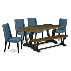 Pemberly Row 6-Piece Wood Dining Set in Mineral Blue and Jacobean Finish