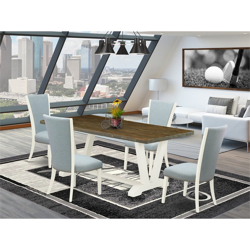 Pemberly Row 5-Piece Wood Dining Set in Linen White and Jacobean Finish