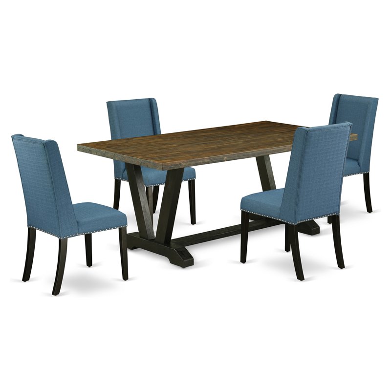 Pemberly Row 5-Piece Wood Dining Table and Chairs in Black and Mineral Blue