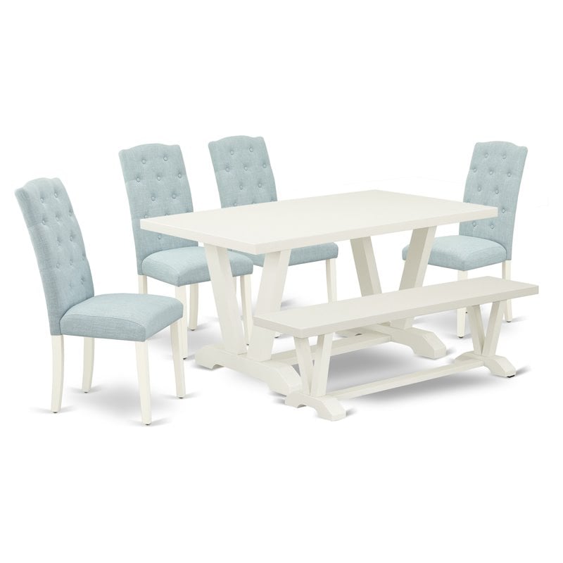 Pemberly Row 6-Piece Dining Set with Bench in Linen White/Baby Blue