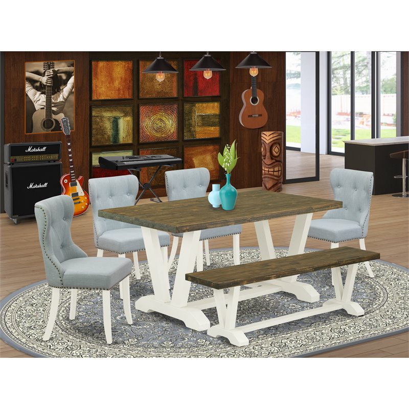 Pemberly Row 6-Piece Dining Room Set with Bench in Linen White
