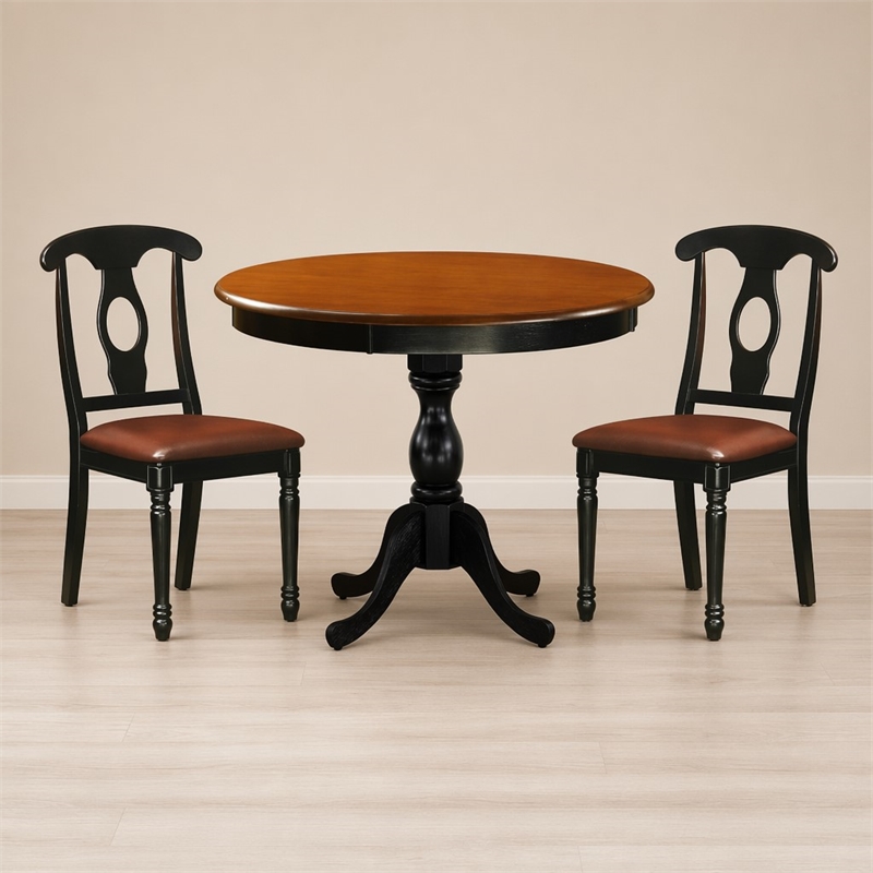 Pemberly Row 3-Piece Round Dining Set with 2 Chairs Wood Black Finish