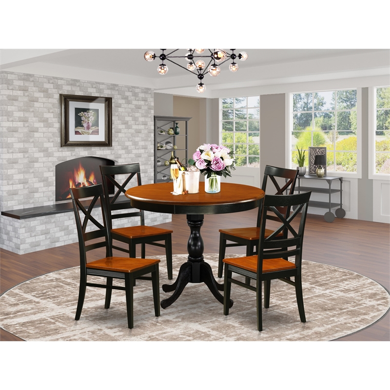 Pemberly Row Round Dining Table with 4 X-Back Wood Chairs in Black