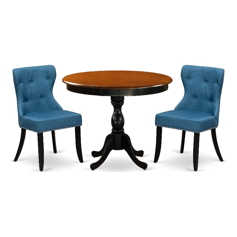 Pemberly Row Round Table and 2 Tufted Blue Linen Chairs in Black Finish