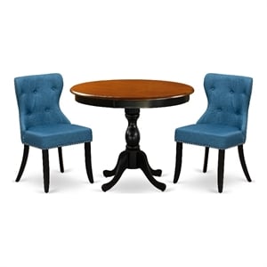 Pemberly Row Round Table and 2 Tufted Blue Linen Chairs in Black Finish