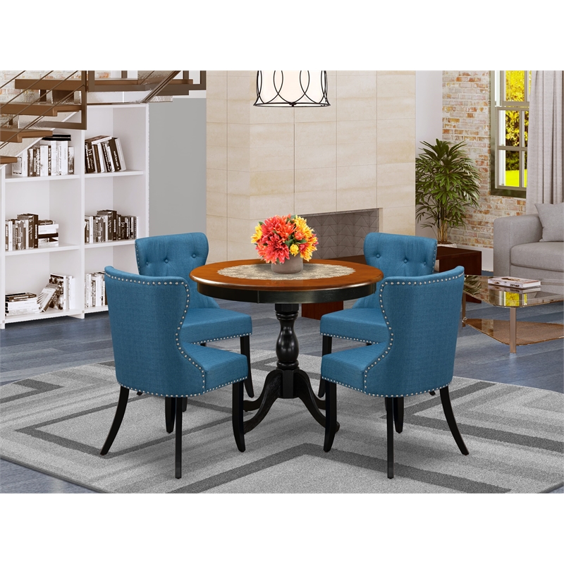 Pemberly Row Round Dining Table with 4 Blue Linen Chairs in Black