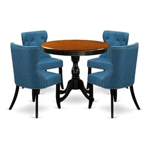 Pemberly Row Round Dining Table with 4 Blue Linen Chairs in Black