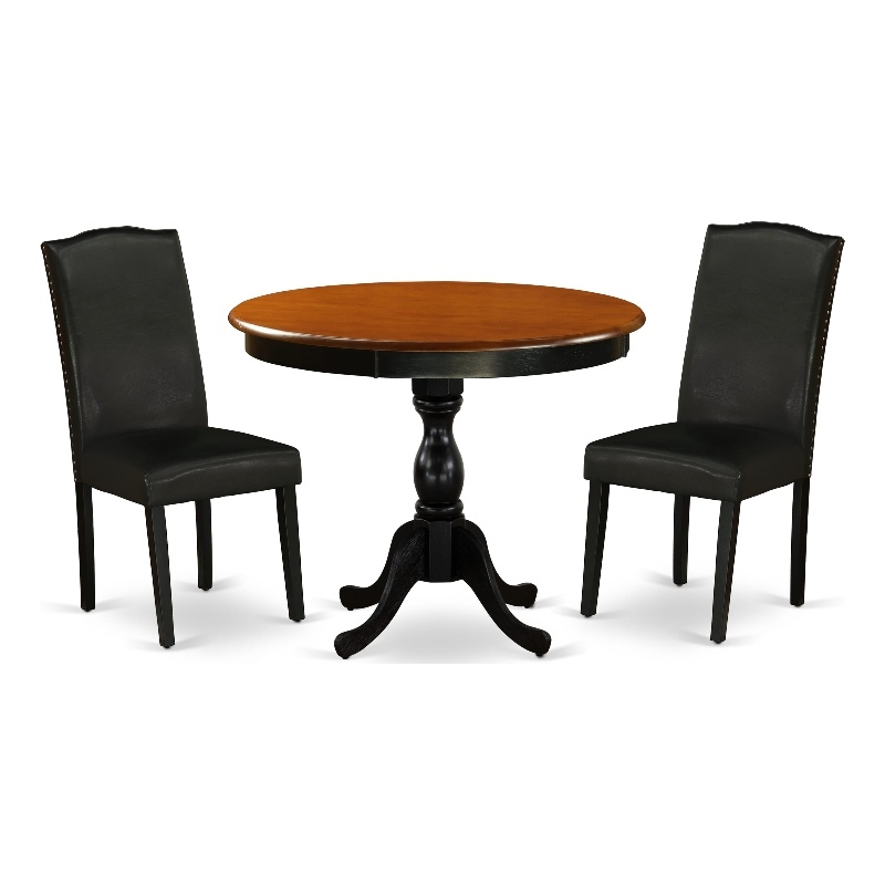 Pemberly Row Round Table and 2 PU Leather Chairs in Black Finish