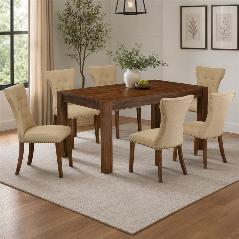Pemberly Row 7-Piece Wood Dining Set in Antique Walnut and Brown
