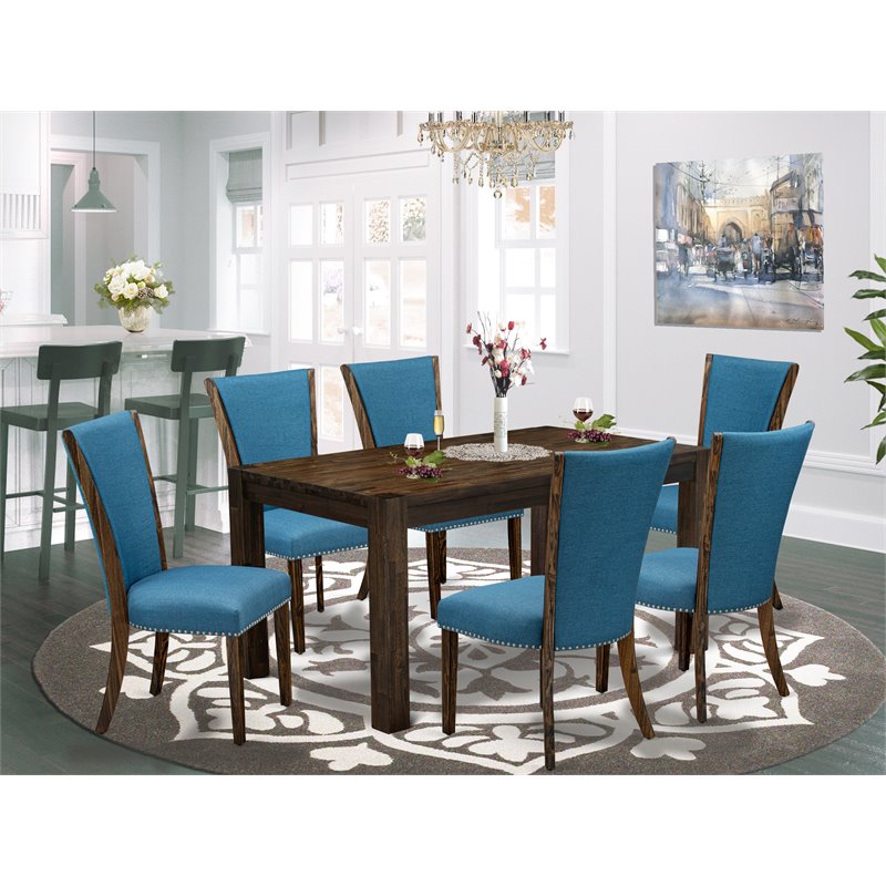 Pemberly Row 7-Piece Wood Dining Set in Jacobean Brown and Blue