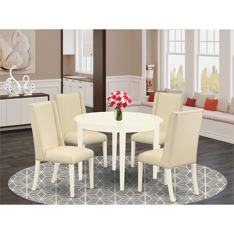 Pemberly Row 5-Piece Wood Dining Set with Linen Upholstery in Linen White