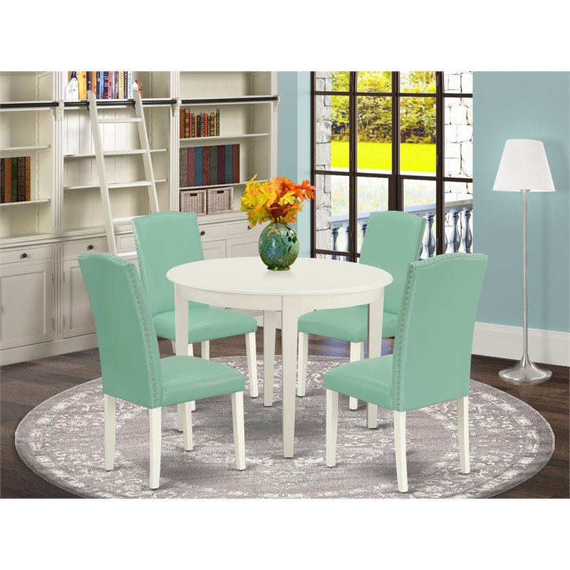 Pemberly Row 5-Piece Wood Dining Set in Linen White & Pond Leather