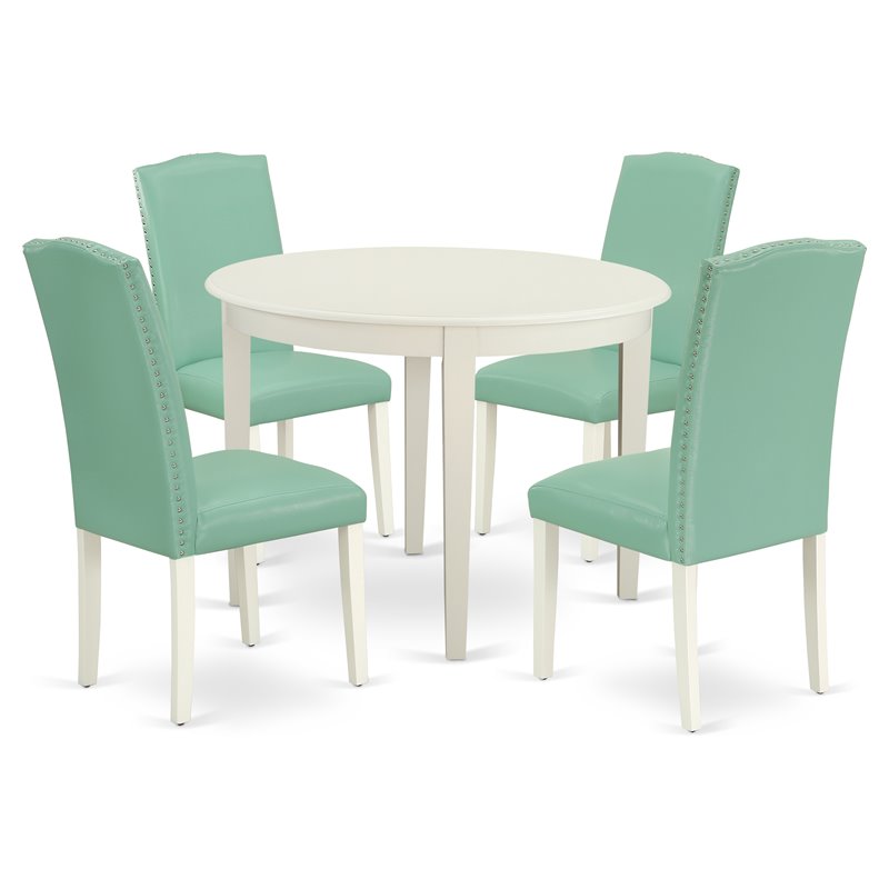 Pemberly Row 5-Piece Wood Dining Set in Linen White & Pond Leather