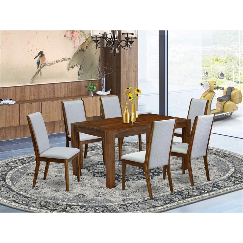 Pemberly Row 7-Piece Wood Dining Set with Linen Chairs in Natural Finish