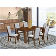 Pemberly Row 7-Piece Wood Dining Set with Linen Chairs in Natural Finish