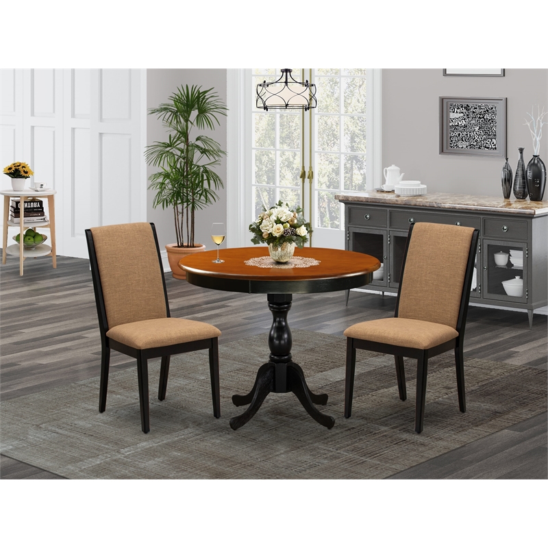 Pemberly Row 3-Piece Dining Table Set with Linen Fabric Chairs in Cherry