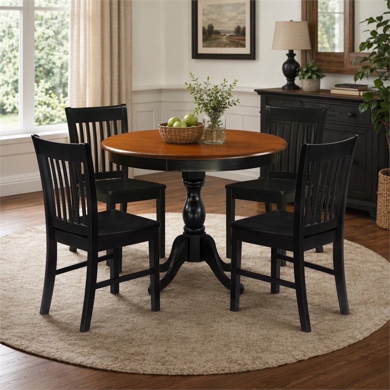 Pemberly Row Dining Table and 4 Wooden Chairs with Cherry Round Top