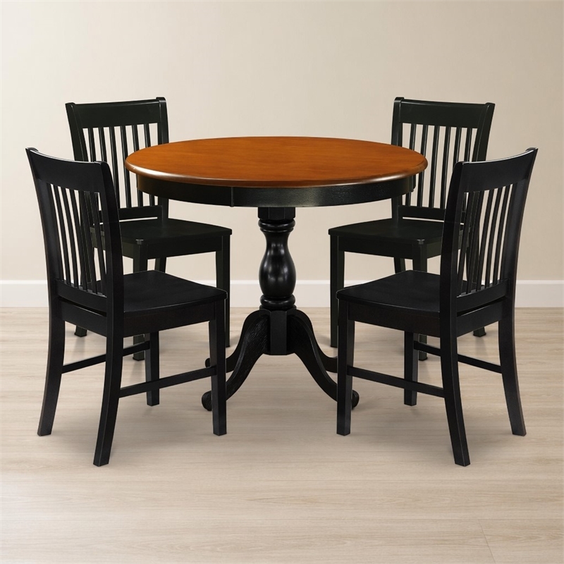 Pemberly Row Dining Table and 4 Wooden Chairs with Cherry Round Top
