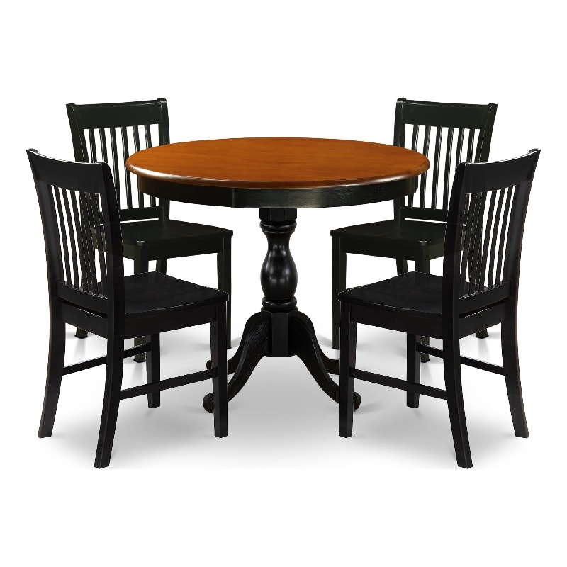 Pemberly Row Dining Table and 4 Wooden Chairs with Cherry Round Top