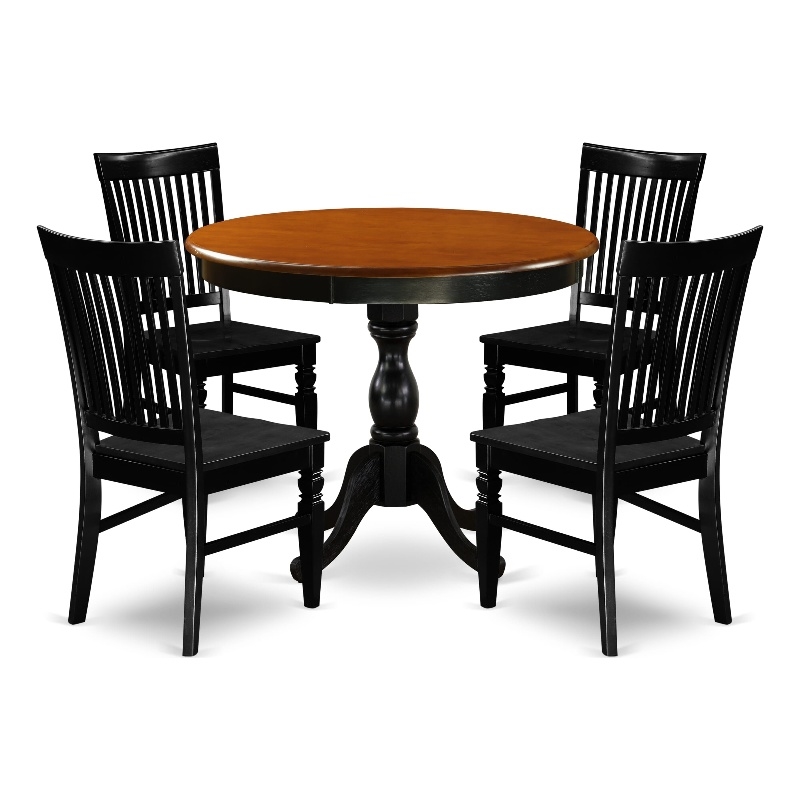 Pemberly Row Round Cherry Dining Table and 4 Chairs in Black Finish