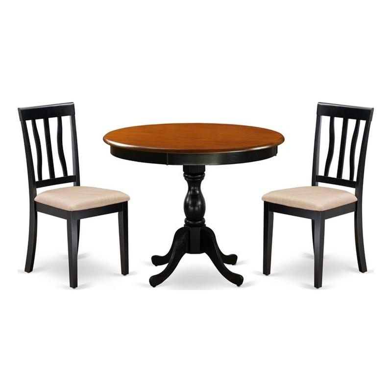 Pemberly Row Round Cherry Dining Table & 2 Linen Fabric Chairs