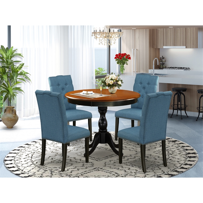 Pemberly Row 5-Piece Wood Dining Set with Cherry Tabletop & Blue Chairs