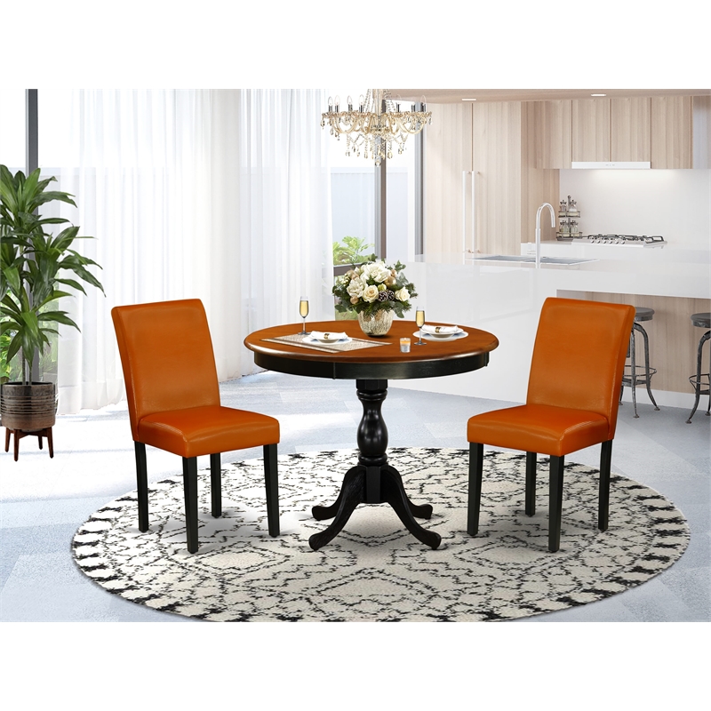 Pemberly Row Round Wood Dining Set with 2 Leather Chairs Cherry/Black