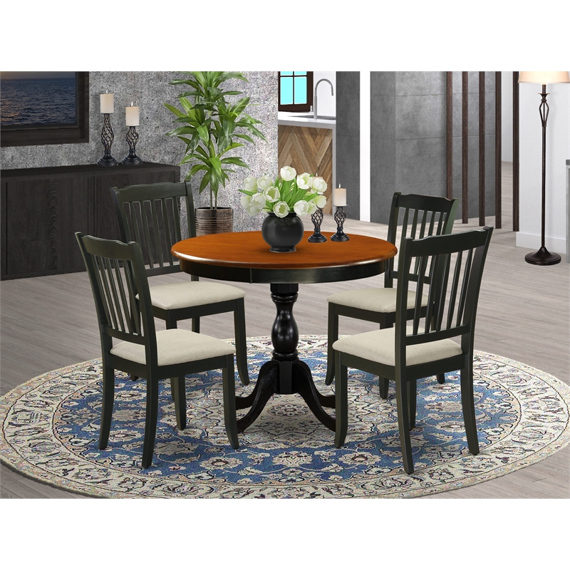 Pemberly Row 5-Piece Round Table and Linen Fabric Chair Dining Set