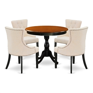 Pemberly Row Round Table with 4 Beige Chairs in Cherry and Black