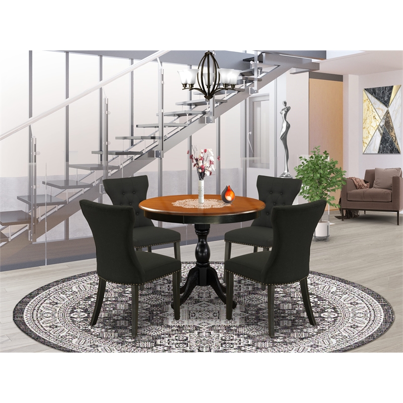Pemberly Row 5-Piece Round Dining Table Set with Black Linen Chairs