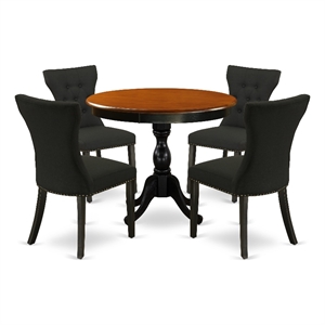 Pemberly Row 5-Piece Round Dining Table Set with Black Linen Chairs