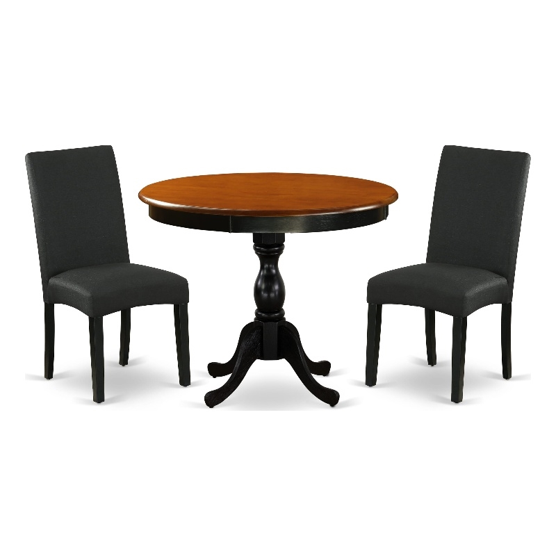 Pemberly Row 3-Piece Dining Table and Black Linen Chairs in Cherry Finish