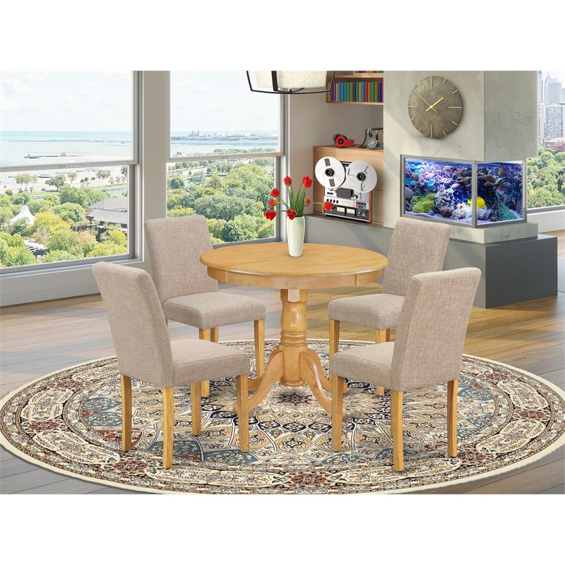 Pemberly Row 5-Piece Dining Set with Light Fawn Fabric Seating in Oak Finish